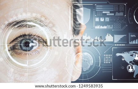 Close up of man face with digital business interface. Biometrics and future concept. Double exposure 