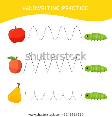 Handwriting practice sheet. Basic writing. Educational game for children. Cartoon caterpillar crawling to fruit