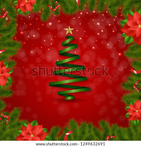 Border Fir-tree Branches With Poinsettia With Gradient Mesh, Vector Illustration