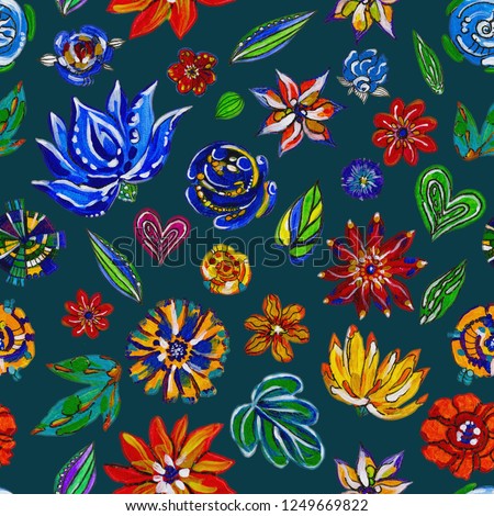 Drawn flowers seamless isolated pattern on decorated background. 
Bright decorative flowers for textiles. 
Fabulous flowers. 
Acrylic painted flowers pattern.