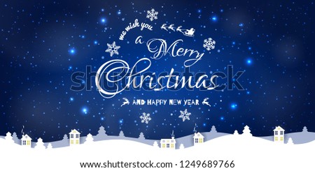 Merry Christmas and happy New Year inscription with snowflakes on the winter background. Merry Christmas and New Year background. Christmas season paper art style illustration.