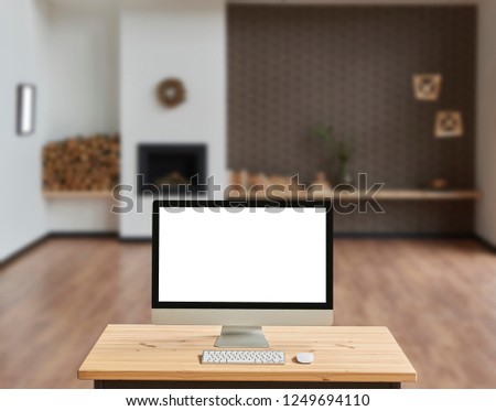 Close up computer screen decorative modern interior room home decoration.