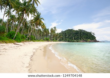Tropical landscape with deserted amber sand beach, coconut palm trees and turquoise tropical sea on Koh Chang Island in Thailand.