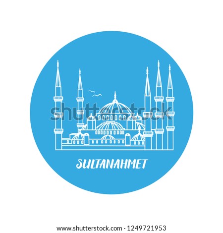 The Blue Mosque or Sultanahmet Camii, Istanbul, Turkey. Vector illustration with handdrawn titles. Blue background