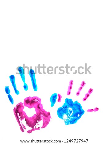 Colorful child's and parent's handprints isolated on white with copy space. World autism awareness day concept.