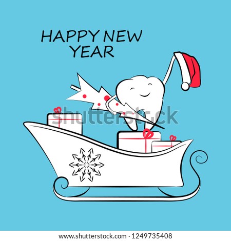 Smiling tooth with santa claus hat, in sleigh with gifts and christmas tree. Vector concept of New Year and Christmas greeting for dentistry. Winter holidays. 