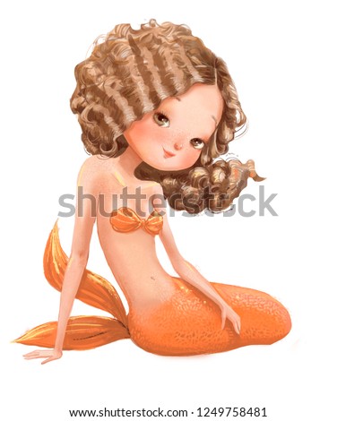 cute cartoon mermaid with red curled hairs