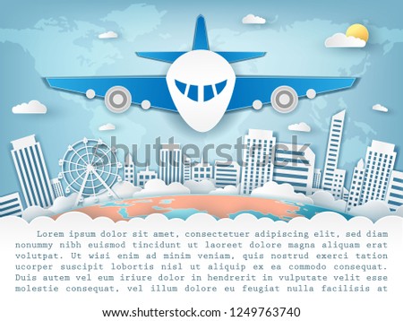 airplane check in point travel around the world concept on blue Background. blank space for text and content paper art, vector, banner, Poster,