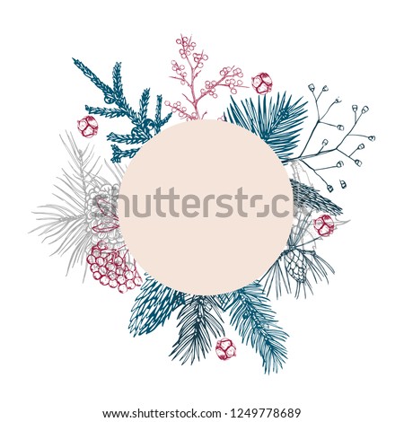 Christmas and new year background, cones and fir branches, hand drawing, vector