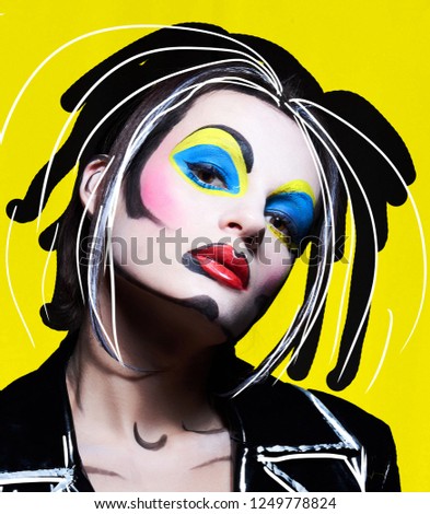Portrait of young woman in comic comic pop art make-up style. Female on background