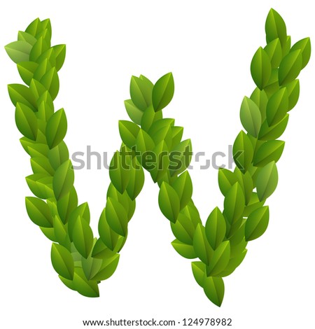 Letter W of alphabet made from green leaves. Raster version. Vector is also available in my gallery