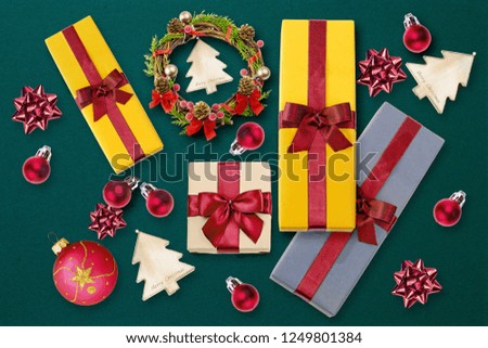Christmas decoration over colore background.Top view.