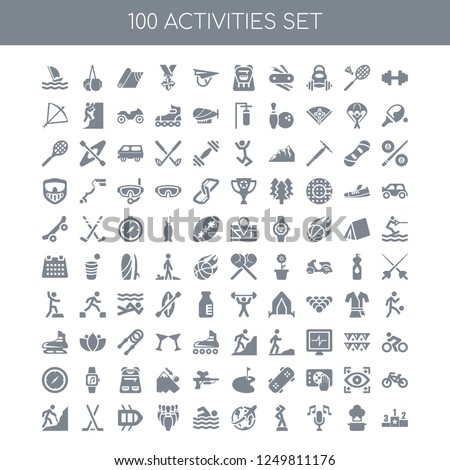 100 Activities universal icons pack with Gym, Cooking, Singing, Warming up, Travelling, Swimming, Bowling, Rafting, Hockey stick, Hiking