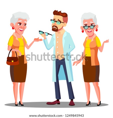 European Oculist Doctor Giving Glasses To Old Woman Patient With Vision Problem. Isolated Illustration