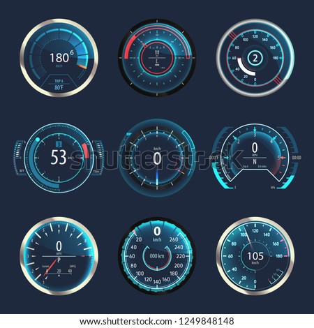 Set of isolated auto speedometers or truck, lorry odographs. Racing vehicle odometer or futuristic car panel speed gauge, automobile tachometer or download speed progress indicator.