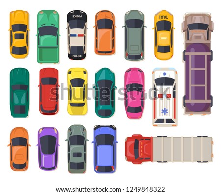 Set of isolated cars or top view on auto, police vehicle and ambulance, fuel transport truck and freight lorry, family van or minivan, sports car and electrocar. Automobile icons, autotransport Royalty-Free Stock Photo #1249848322