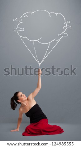 Pretty young lady holding a cloud balloon drawing