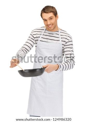 bright picture of handsome man with pan and spoon