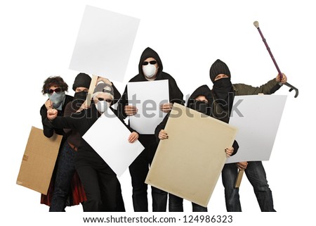Photo of a group of angry protesters wearing masks and holdings signs over a white background.
