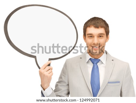 bright picture of smiling businessman with blank text bubble.....