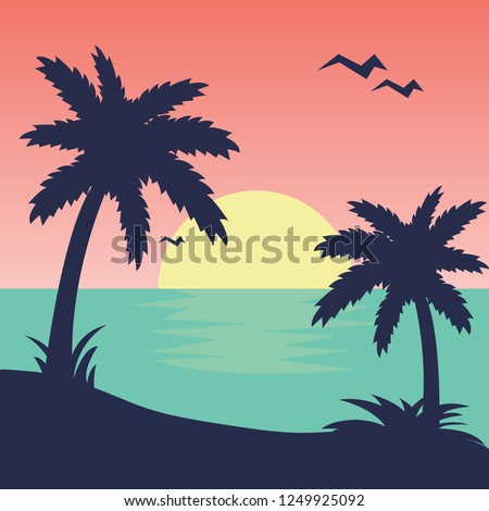 Sunset. Tropical beach. Palms. Vector illustration.