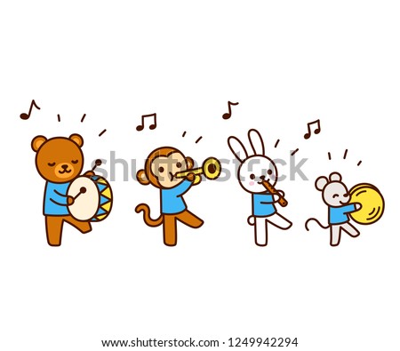 Cute cartoon animals marching band drawing. Kawaii animal characters playing music, isolated vector illustration.