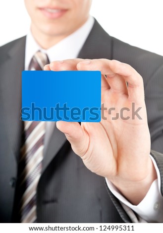 man in office clothes on a white background , master card in the hand