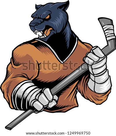The illustration shows a panther that plays hockey. He is wearing a brown hockey jersey and he's holding a hockey stick . The panther face's expressing anger and aggressiveness.