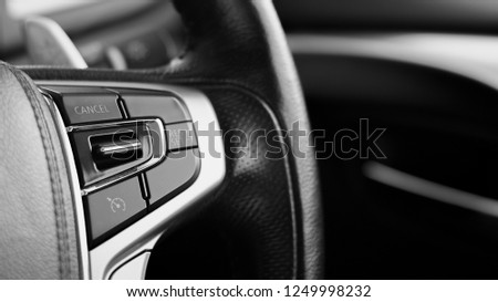 multifunction buttons for quick control at a black steering wheel.
