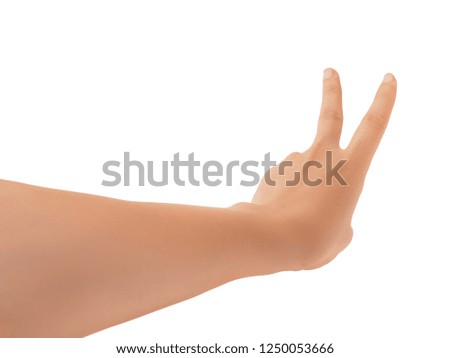 Human hand in reach out one's hand and counting number two or victory sign gesture isolate on white background with clipping path, High resolution and low contrast for retouch or graphic design