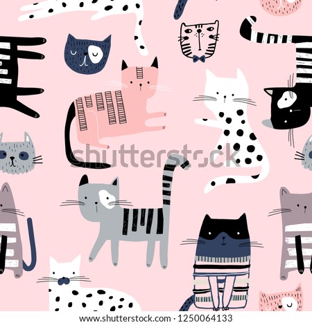 Seamless pattern with cute colorful Kittens. Creative childish pink texture. Great for fabric, textile Vector Illustration