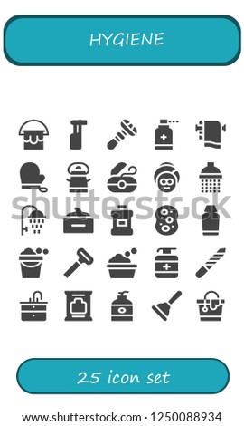 Vector icons pack of 25 filled hygiene icons. Simple modern icons about  - Bucket, Electric toothbrush, Razor, Antiseptic, Towel, Gloves, Dental floss, Spa, Shower, Hair mask