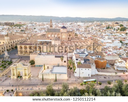 Huge mosque - cathedral and Saint Rafael Triumph Arch in the heart of Cordoba, Andalusia, Spain