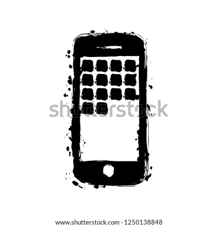 Sellphone icon. Black ink with splashes on white background