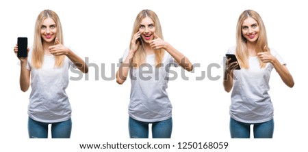 Collage of young beautiful blonde casual woman using smartphone over isolated background happy with big smile doing ok sign, thumb up with fingers, excellent sign