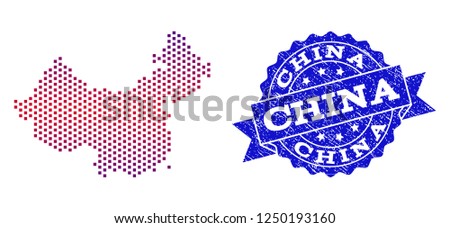 Geographic combination of dotted map of China and grunge seal stamp. Mosaic vector map of China created with square dots and gradient from blue to red color. Flat design for patriotic purposes.