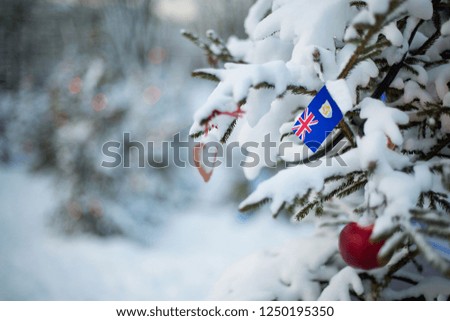Anguilla flag. Christmas background outdoor. Xmas tree covered with snow and decorations and a national flag. Christmas and New Year holiday greeting card.