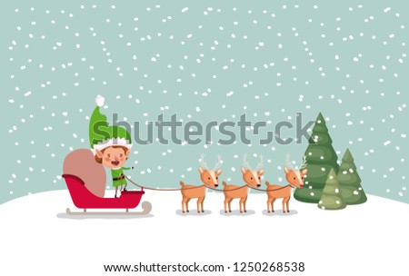 santa helper with carriage and reindeer snowscape