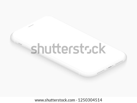 Totally soft isometric white vector smartphone. 3d realistic empty screen phone template for inserting any UI interface, test or business presentation. Floating soft mock up design perspective view.