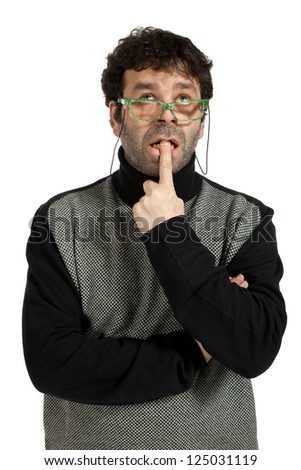 man puts finger in his mouth to reflect