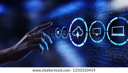 Womans hand pointing to button with cloud computing icon. Internet and network technology.