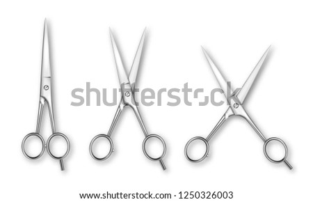 Vector 3d Realistic Metal Closed and Opened Stationery Scissors with Metal Handles Icon Set Closeup Isolated on White Background. Design Template of Classic Scissors for Graphics, Mockup. Top View