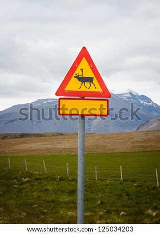 Reindeer warning sign, Iceland.  Watch for reindeer in the wilderness in Iceland