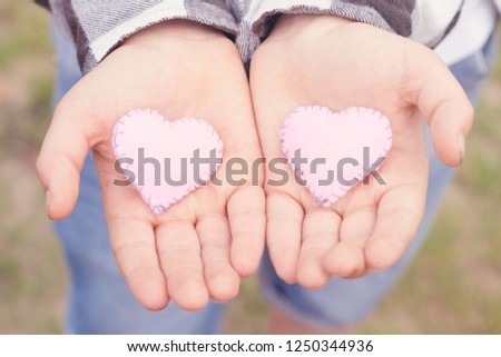 Two nice pink symbols of love in small male palms. Love and family concept. Blurred background