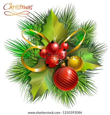 Christmas decorative element.  Christmas garland with spruce branches, red berries and balls. Vector illustration.