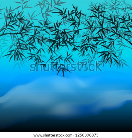 Vector illustration of bamboo on blue sky, design of Chinese and Japanese bamboo trees, stems and leaves. colorful trees background
