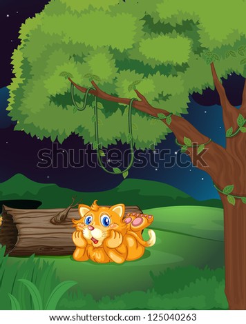 Illustration of a cat lying under a tree in a dark night