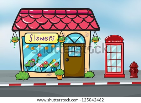 Illustration of a flower shop and a callbox near the street