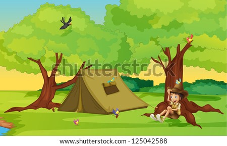 Illustration of a boy and a tent for camping in a beautiful nature