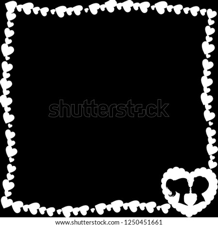 black and white retro vintage border photo frame of hearts with big wavy heart silhouette and loving couple in corner. Monochrome template for Valentine day greeting card, scrapbook element